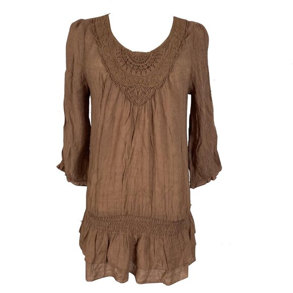 Tops - Mine Medium Brown Long Sleeve Lace 3/4 Sleeve Ruffle Blouse